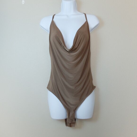 PrettyLittleThing Chocolate Soft Touch Cowl Neck Bodysuit Size 10 NWT - Picture 1 of 9